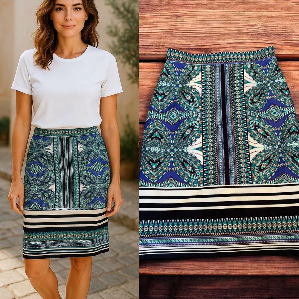 ANTONIO MELANI Teal and Navy Printed Pencil Skirt